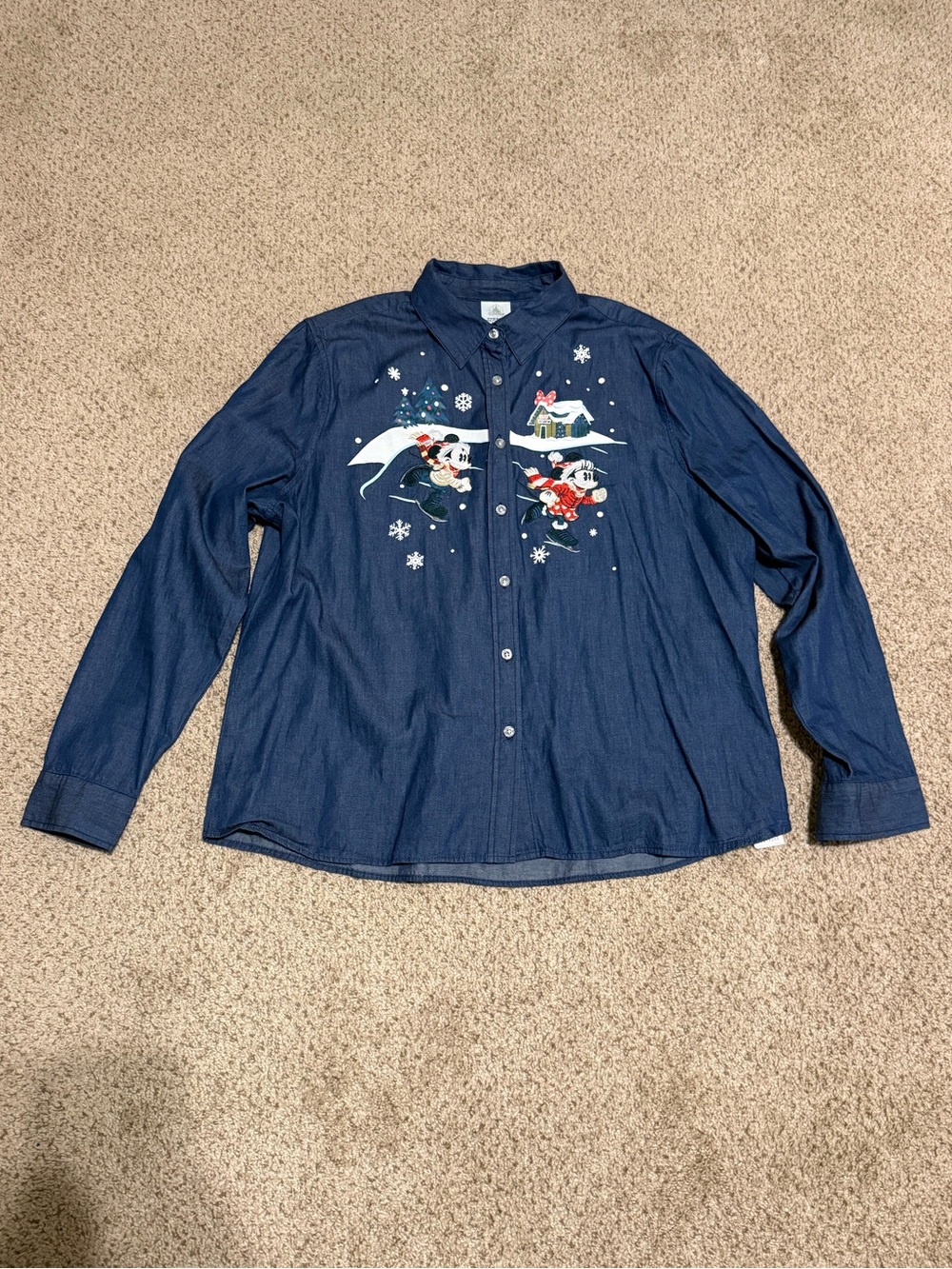 Disney Button-Down Shirt with Embroidered Holiday Scene